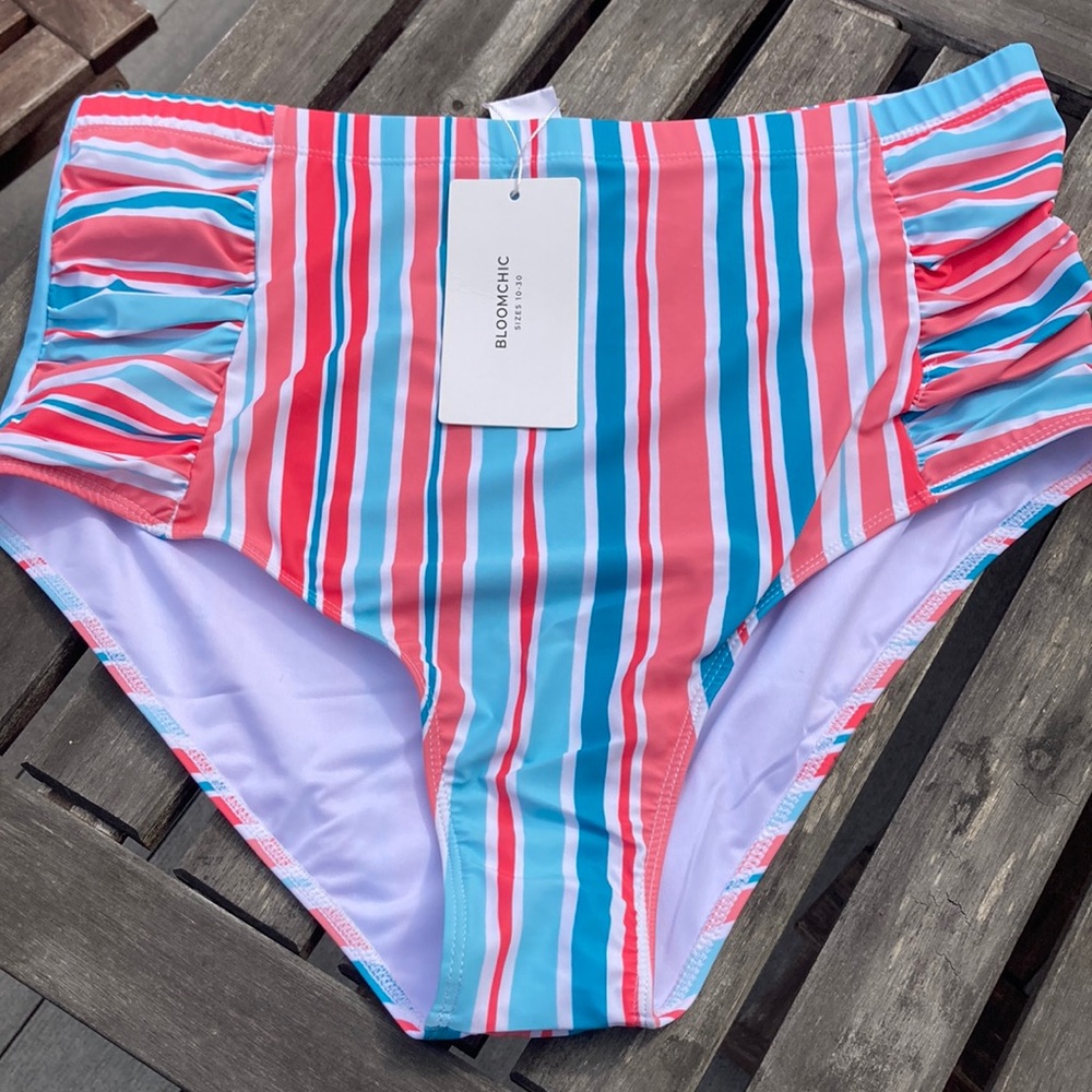BloomChic Striped Plus Size Ruched Swim Bottom Pink Aqua Teal NWT